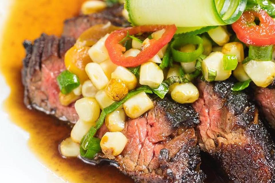 Chef Adrianne Calvo's Marinated Skirt Steak Recipe With White Corn, Pepper Relish & Spicy Soy Sauce