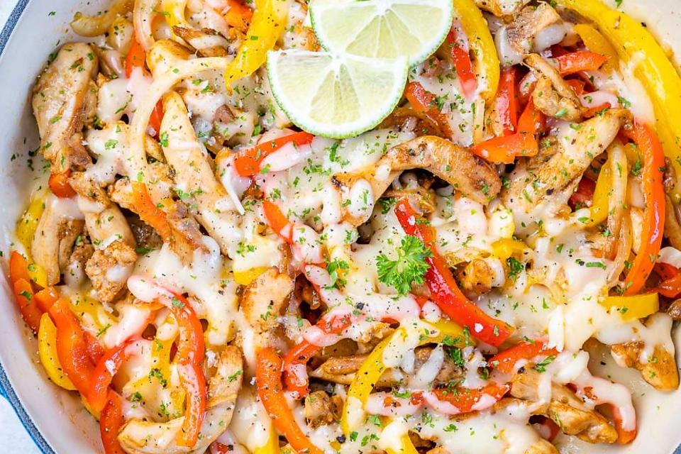 Chicken "Cheesesteak" Skillet Recipe: Healthy 20-Minute Stir-fried Chicken Recipe With Peppers & Cheese