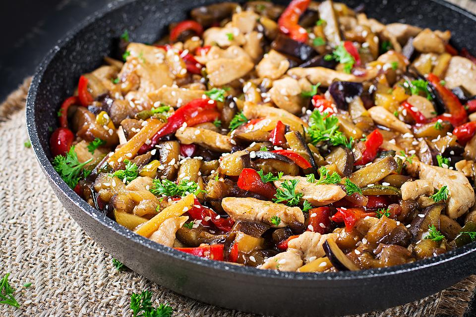 Stir-fried Chicken & Eggplant Recipe: A Lighter Chicken Stir-fry Recipe Heavy on the Veggies