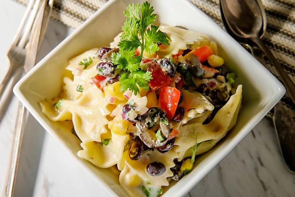 Tasty Tex-Mex Black Bean Pasta Salad Recipe With Roasted Corn & Avocado Cilantro Lime Dressing